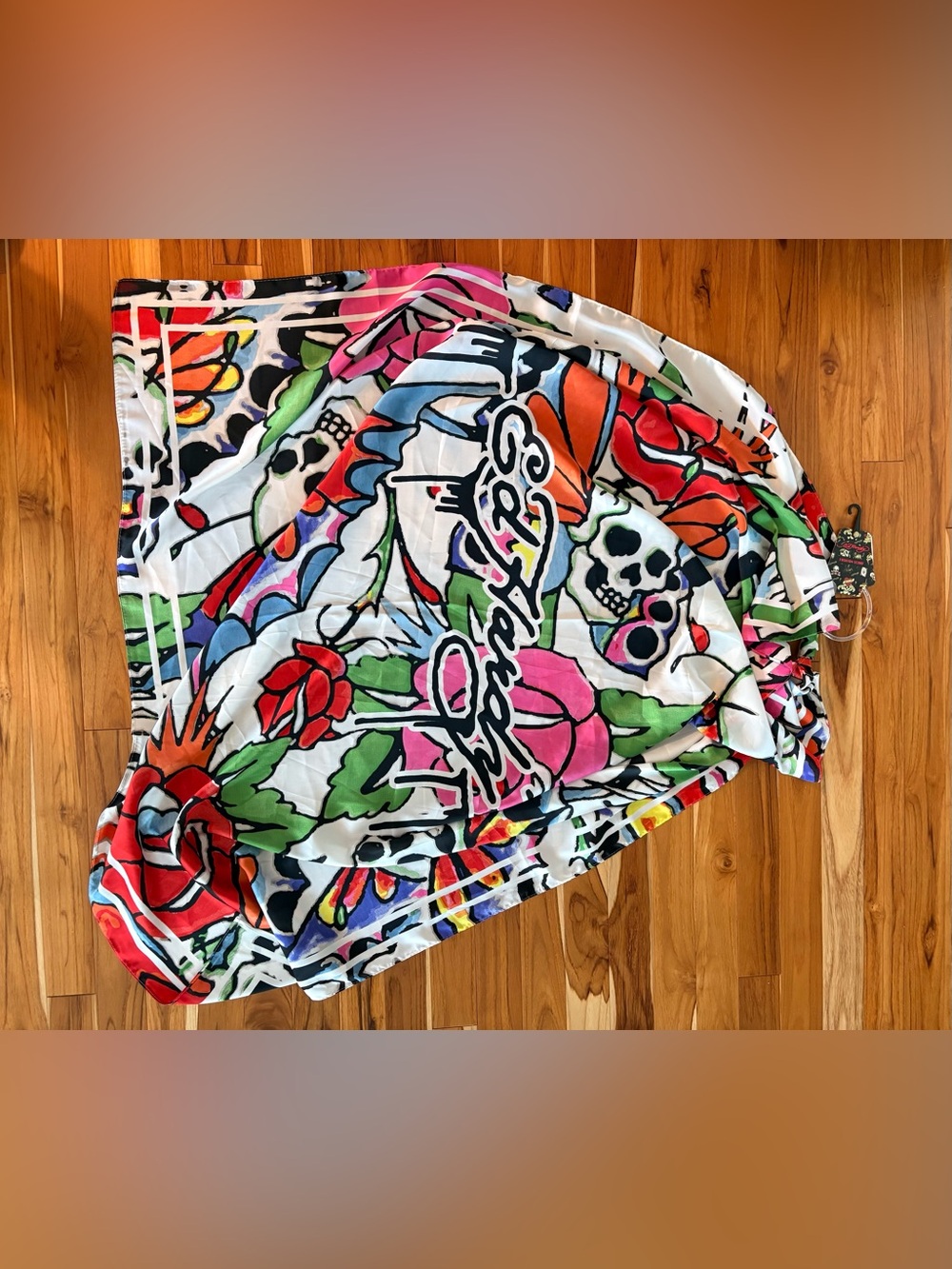 Ed Hardy Multicolor Floral & Skull Wrap Scarf